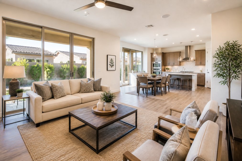 Bright, professionally lit living room with warm natural light streaming through large windows, showing well-arranged furniture, clear sightlines, and spacious layout with high image clarity and detail