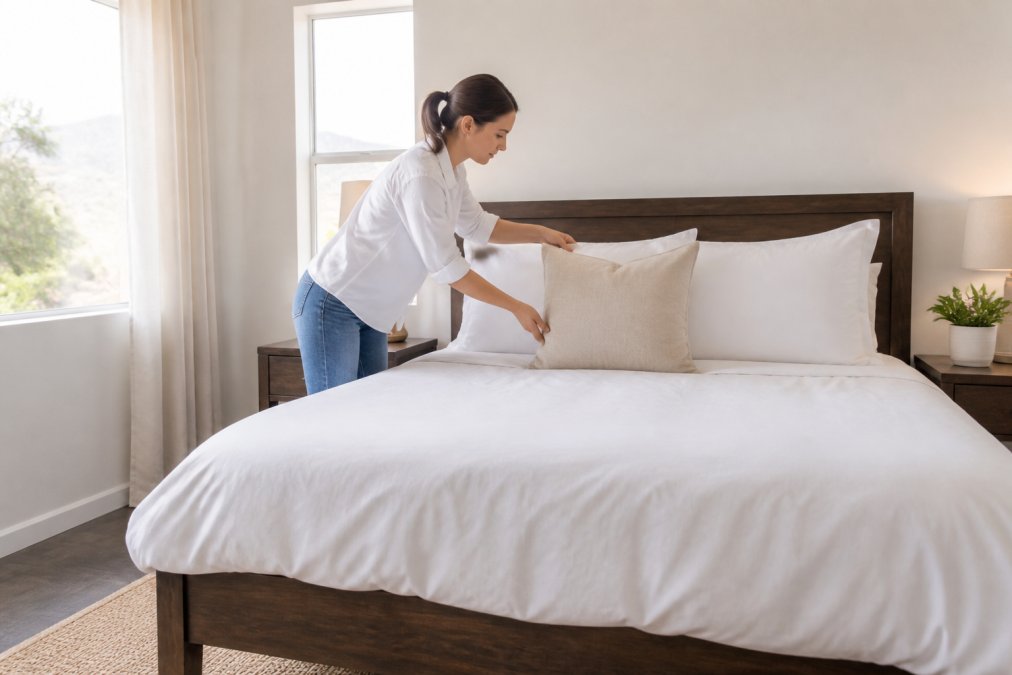 Homeowner staging a bright bedroom with fresh white linens, decluttered nightstands, natural light streaming through windows, showing preparation and care for listing photography