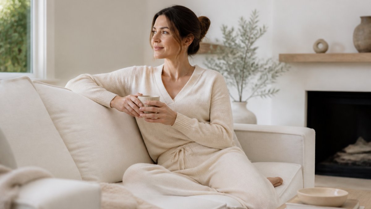 Woman in her 30s relaxing with tea while wearing a cream cashmere loungewear set in a minimalist living room.