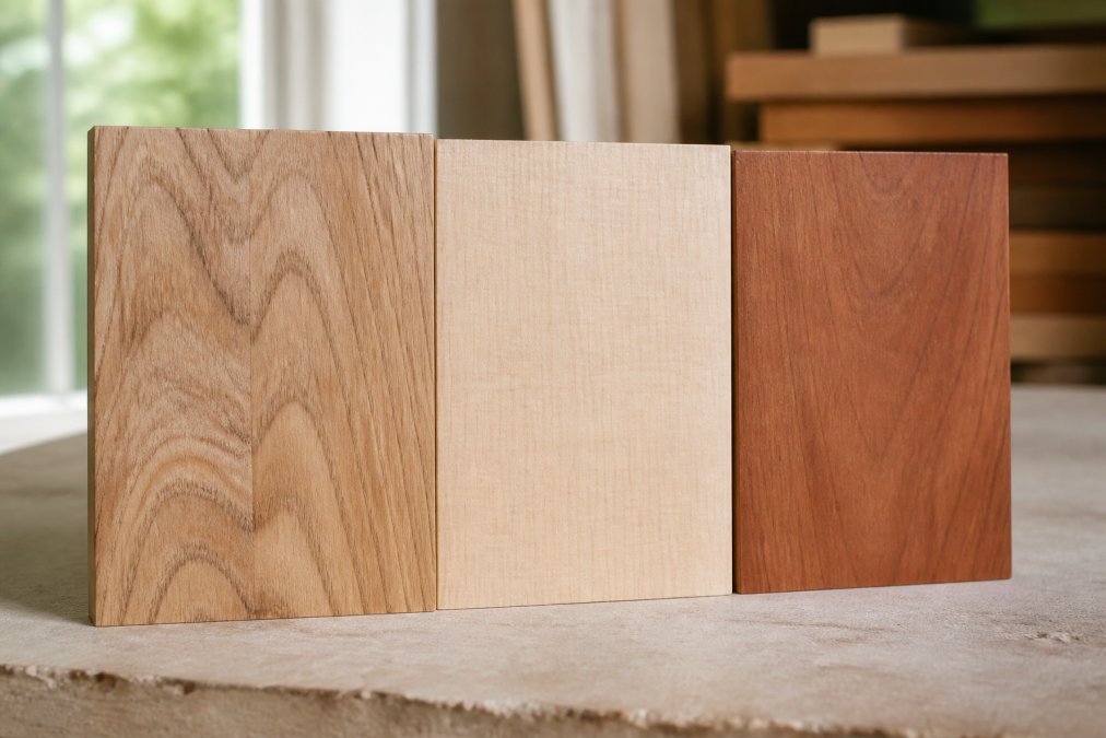 Close-up of three different wood grain samples displayed side by side, white oak with prominent grain patterns, maple with fine tight grain, and cherry with rich reddish tone, arranged on a light surface with natural window lighting