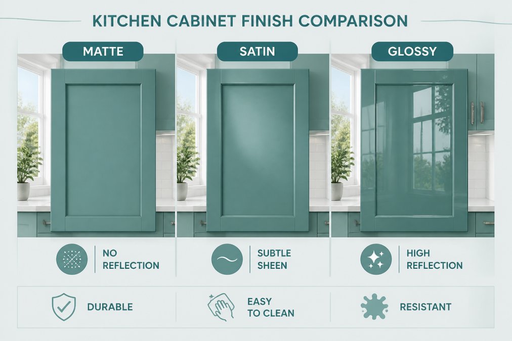 Kitchen cabinet doors displaying three different finish types side by side, one with matte finish showing no reflection, one with satin finish with subtle sheen, and one with glossy finish reflecting light, mounted in a modern kitchen setting with natural light from windows