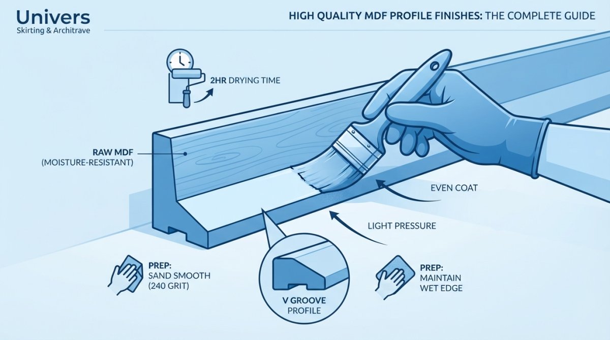 Close-up of hands applying primer to MDF skirting board edge with brush, showing proper technique on light-coloured wood in bright workshop setting