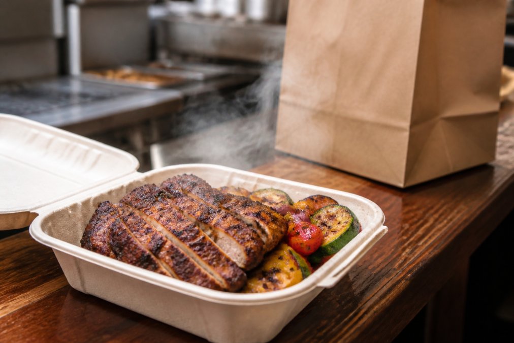 Steaming meat takeout with grilled vegetables in a container next to a branded paper bag on a wooden counter