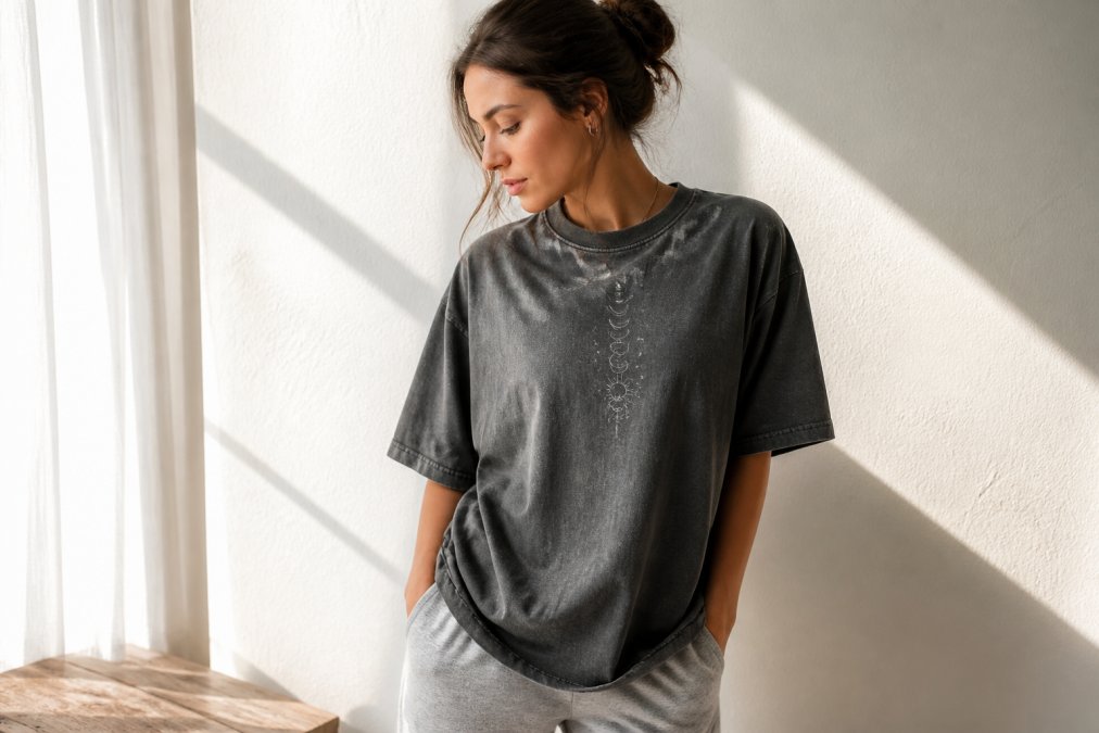 A young woman wearing an oversized vintage-washed cotton tee with subtle celestial graphics, styled casually against a clean white wall with soft natural window light falling across the fabric