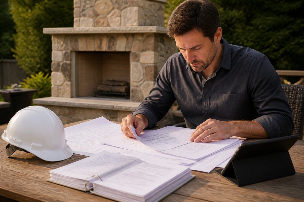 Contractor reviewing building plans and local code documents at a desk with a tablet and hardhat visible, preparing for outdoor fireplace installation in professional setting