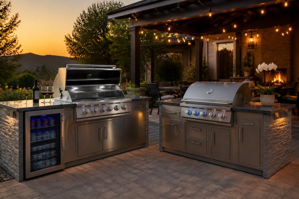 A stainless steel outdoor kitchen island with granite countertops on a patio at golden hour, grill hood open, wine cooler glowing below, string lights overhead