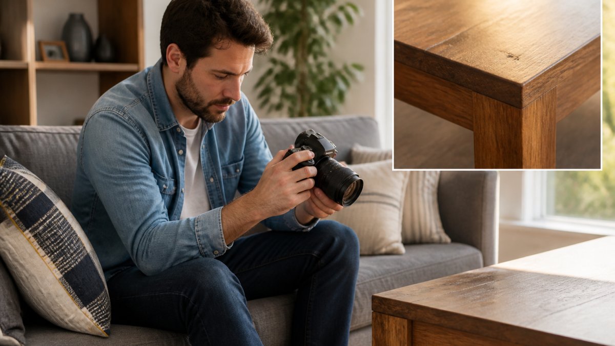 A person sitting on a gray sofa with a laptop, zooming in on a close-up photo of wood grain and a corner joint on an online furniture listing, warm afternoon light through a window