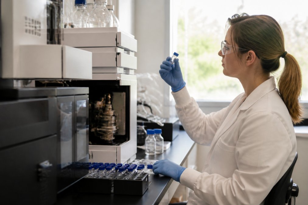 Laboratory technician examining peptide samples in analytical equipment with HPLC or mass spectrometry instrumentation visible in modern research facility with natural lighting