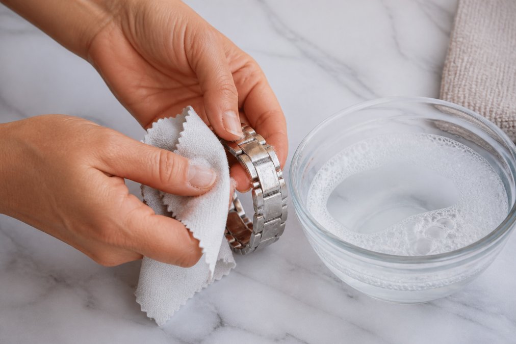 Close-up of hands gently polishing a stainless steel bracelet with a soft microfiber cloth and mild soapy water on a white marble surface, showing careful cleaning technique