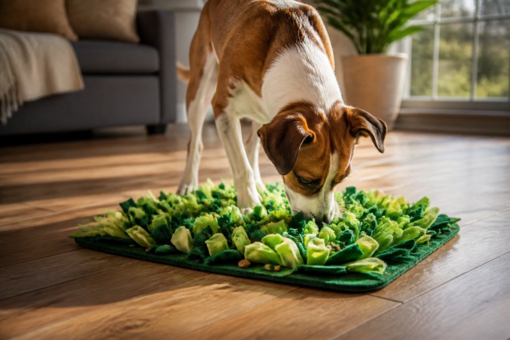 A happy medium-sized dog nosing through a green snuffle mat on a hardwood living room floor, felt strips scattered with kibble, warm afternoon light through a nearby window