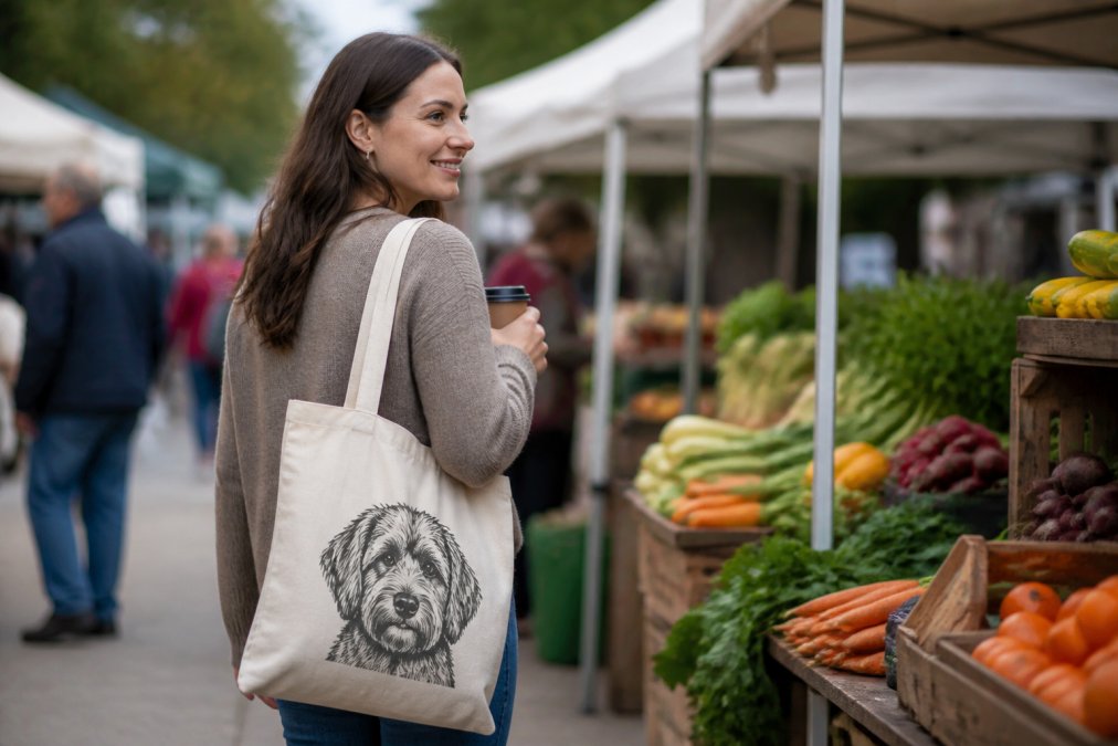 A woman in her 30s carrying a natural cotton canvas tote bag with a dog illustration over her shoulder, walking through a farmers market with a reusable coffee cup in hand, soft natural light, shallow depth of field