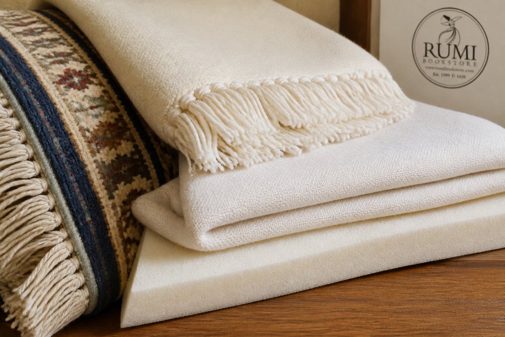 Infographic comparing textures of wool, silk, cotton, and foam used in high quality prayer rugs