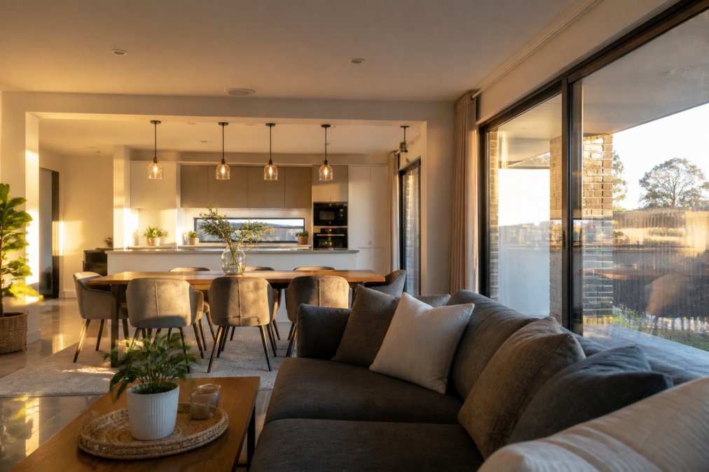 Diagram illustrating how natural and ambient light create high quality property images in a modern interior.