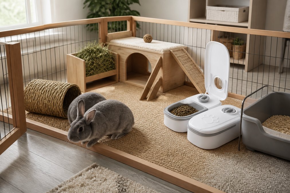 A spacious indoor rabbit enclosure with wooden exercise pen setup, fresh timothy hay visible in a corner, a ceramic litter box, and a gray rabbit exploring the multi-level space with natural daylight from nearby window