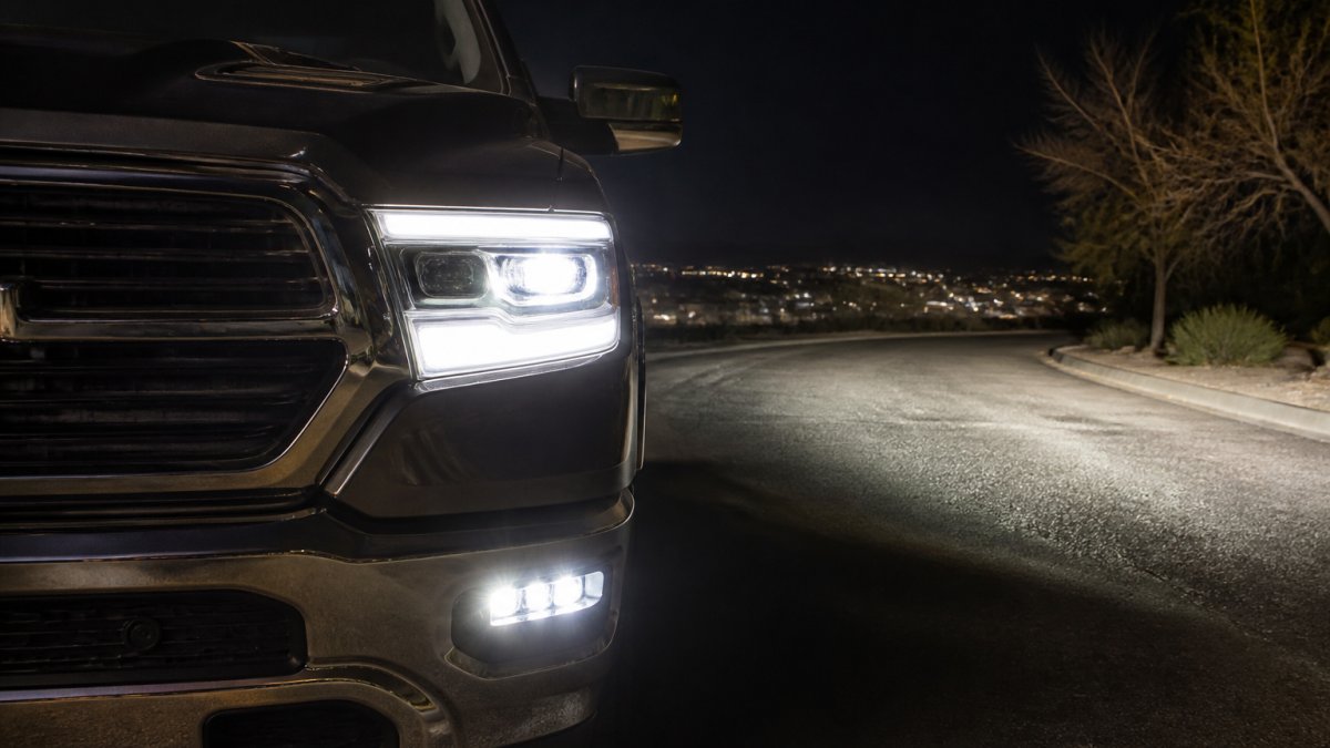 Close-up of a Ram truck's front end at night with bright LED headlights illuminating the road ahead, showing the difference between LED and factory lighting