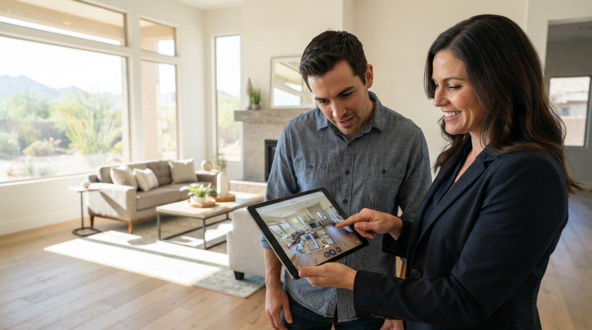 A real estate agent holding a tablet showing a 3D tour of a bright modern living room, natural sunlight through large windows, potential buyer leaning in to look