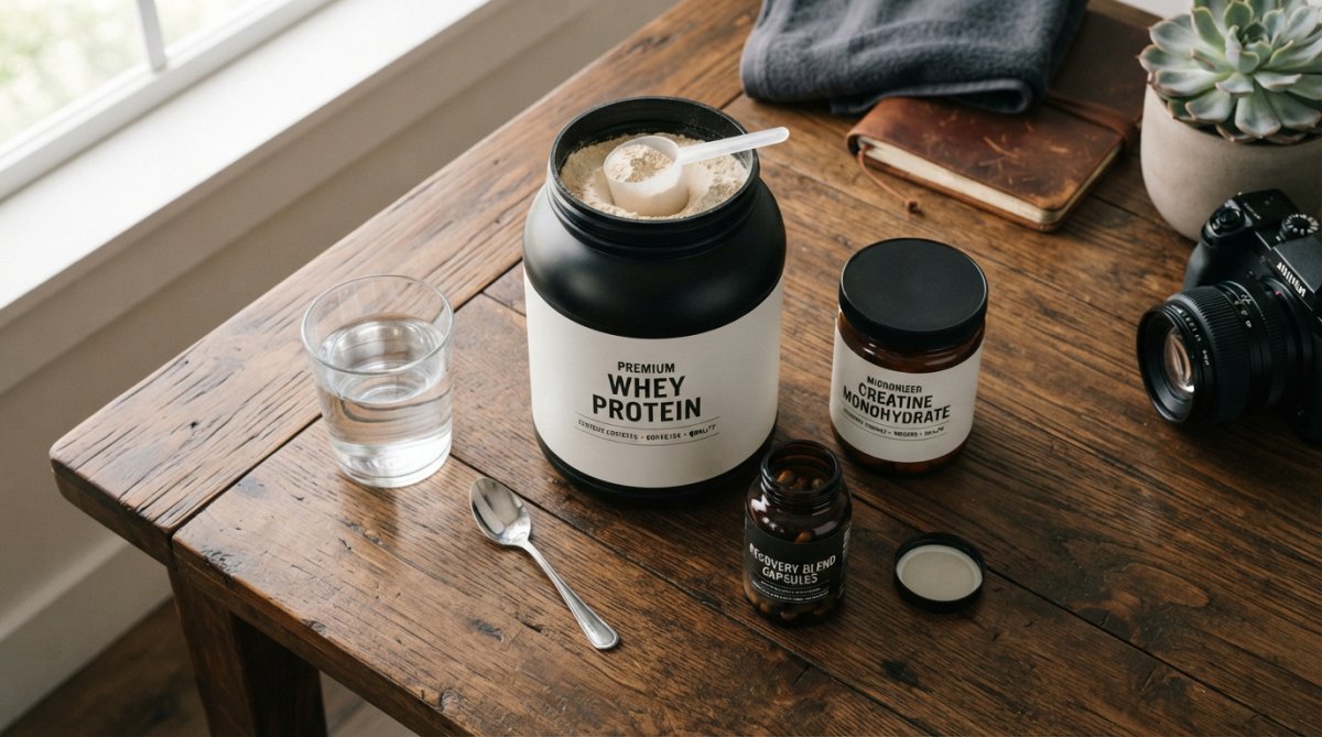 A clean, well-lit flat lay of supplement containers including a protein powder tub, creatine jar, and capsules arranged on a dark wooden table with a glass of water nearby