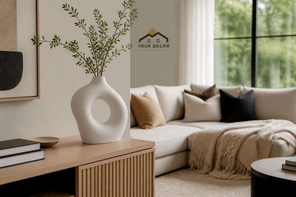A bright modern living room with a white sculptural resin vase on a light wood console table, soft natural light from a large window, a neutral sofa and textured throw in the background