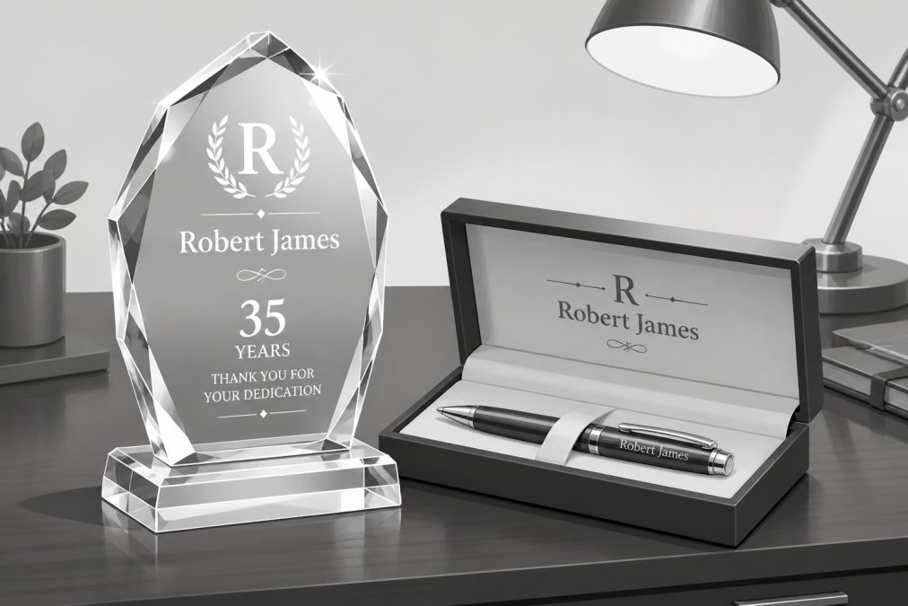 Close-up of an engraved crystal award and personalized pen set displayed on a polished mahogany desk with warm desk lamp lighting, showing fine details of the deep engraving and professional presentation