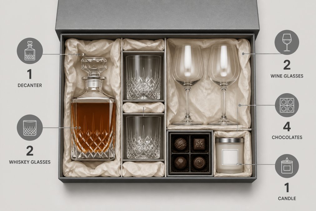 An elegantly arranged luxury retirement gift box photographed from above with soft overhead lighting, showing a whiskey decanter set, premium wine glasses, artisanal chocolates, and luxury candles nestled in cream tissue paper, highlighting quality packaging and presentation