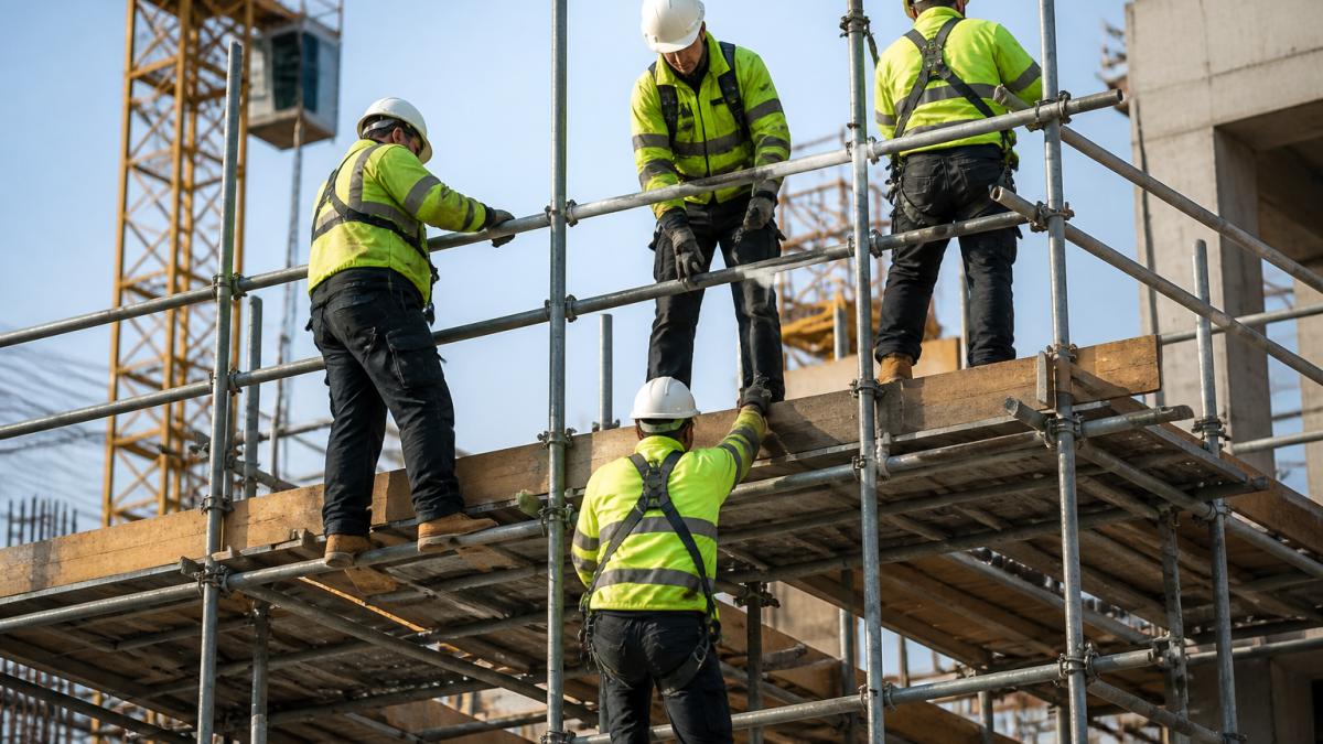 Construction workers wearing full safety gear including hard hats, hi-vis jackets, safety boots and gloves working together on scaffolding in bright daylight
