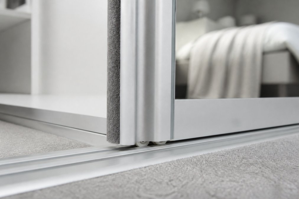 Close-up of a sliding wardrobe door track system installed in a modern bedroom, showing the aluminium profile and smooth bottom-rolled mechanism with visible rollers gliding along the track