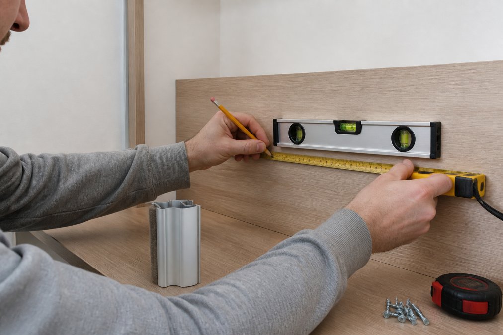 Hands of a joiner or DIY installer measuring and marking wall positions for track installation, with tools including a spirit level, measuring tape, and pencil visible on a wooden surface