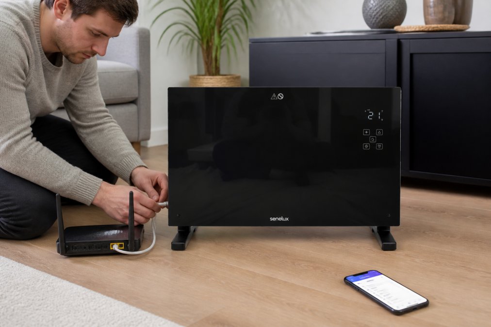 Hands connecting a smart home hub to a router with Ethernet cable, smartphone nearby displaying the setup app interface with step-by-step instructions