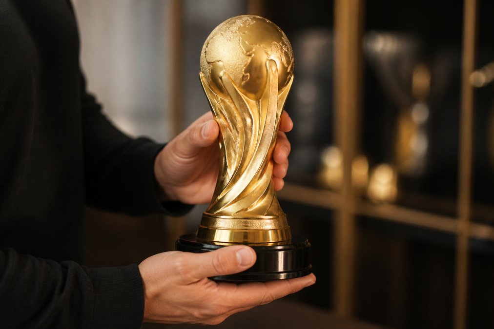 Close-up of hands holding premium 3D printed sports trophy replica showing fine metallic gold finish, smooth surface details, and polished base under warm studio lighting