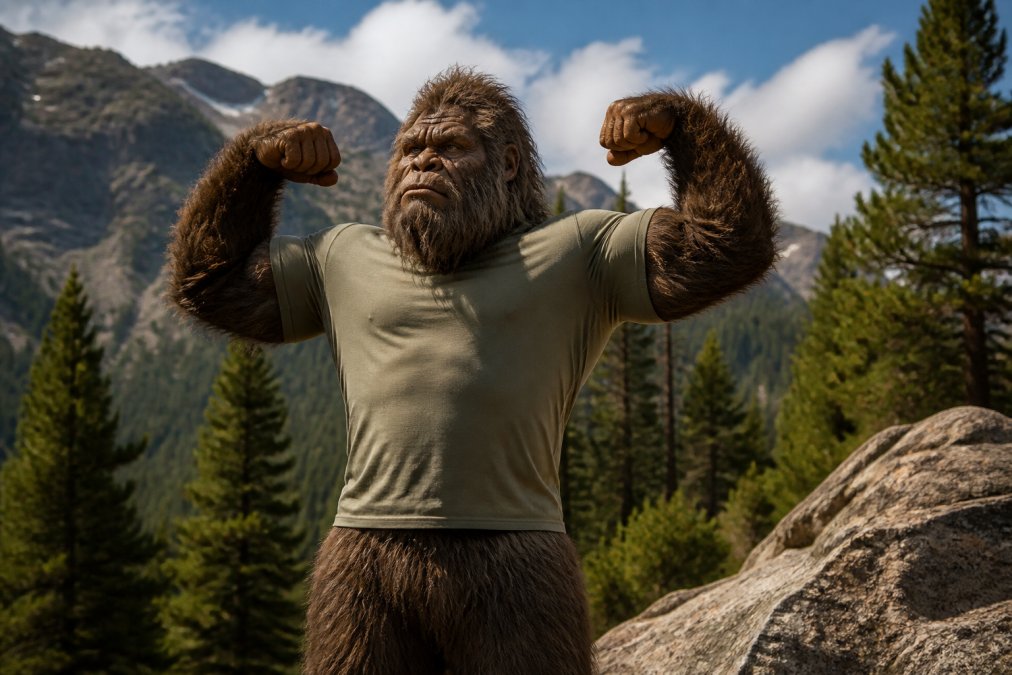 Sasquatch flexing in a rugged mountain forest wearing a durable performance tactical gear for men training tee.