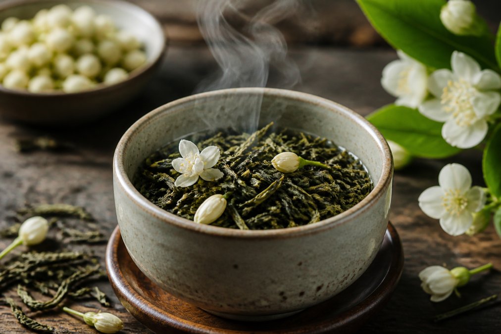 Close-up of loose jasmine green tea leaves and fresh jasmine blossoms in a ceramic cup with steam rising, natural lighting