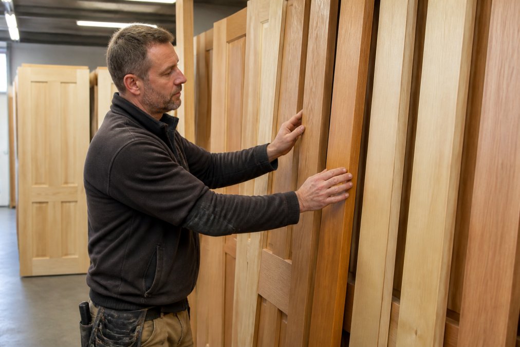 Professional builder in work attire carefully inspecting hardwood and softwood timber door samples on display, examining grain patterns and finish quality under bright workshop lighting