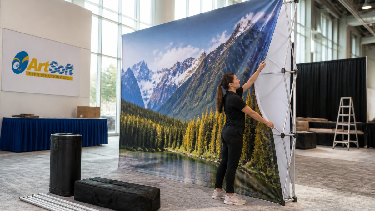 A marketing manager setting up a 10ft fabric popup display in a bright convention center booth, adjusting the tension fabric graphic with a professional look