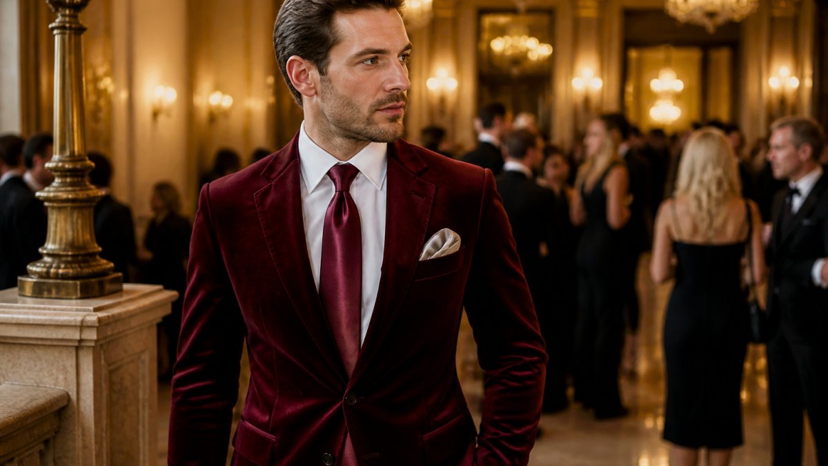 Man in a burgundy velvet suit with a silk tie and silver pocket square at an elegant evening gala