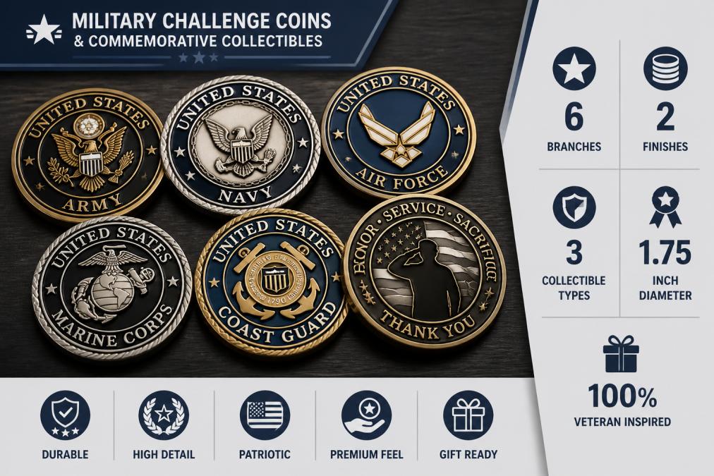 Close-up of several military challenge coins arranged on a dark wooden surface, showing detailed insignia, branch emblems, and metallic finishes in gold and silver tones