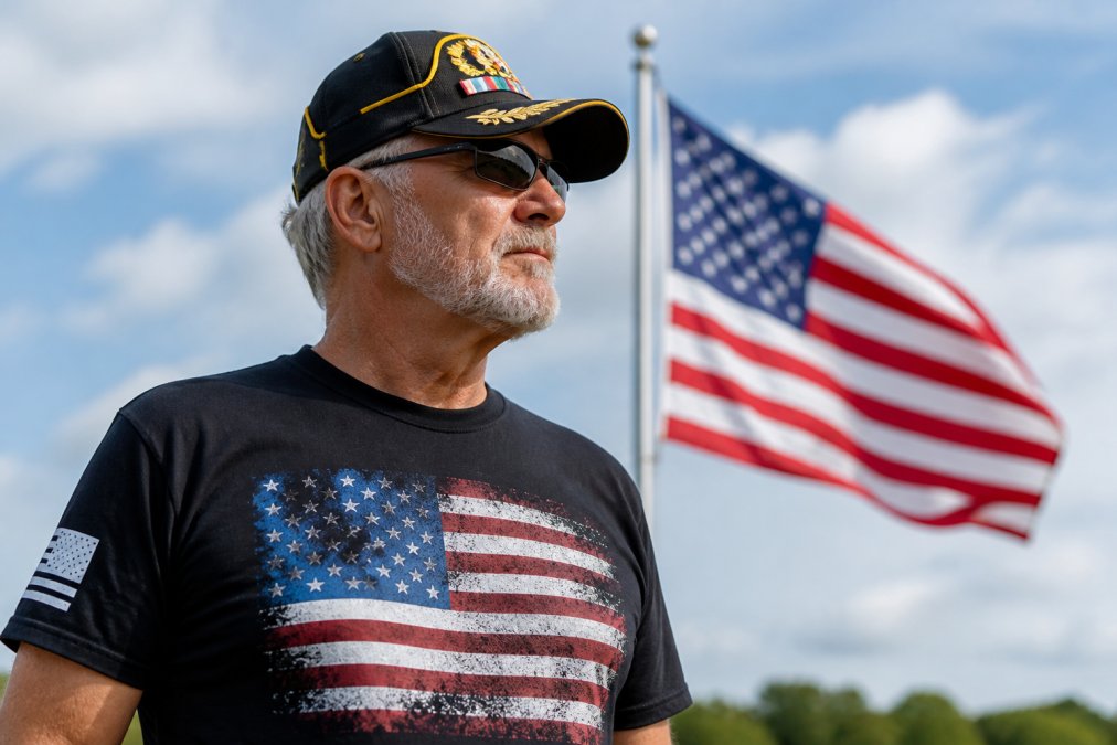 A veteran wearing a branch-specific embroidered military cap and patriotic apparel, standing outdoors with an American flag in the background on a clear day