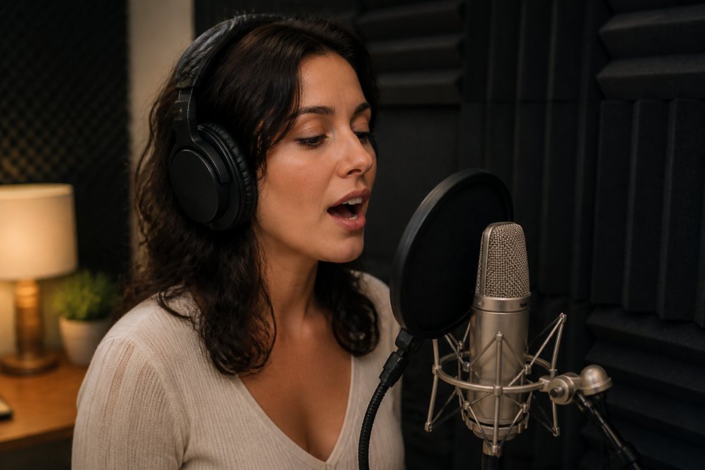 Professional voice actor in home studio wearing headphones positioned close to a condenser microphone, with acoustic foam panels visible on walls, demonstrating proper microphone technique with relaxed posture and open mouth position