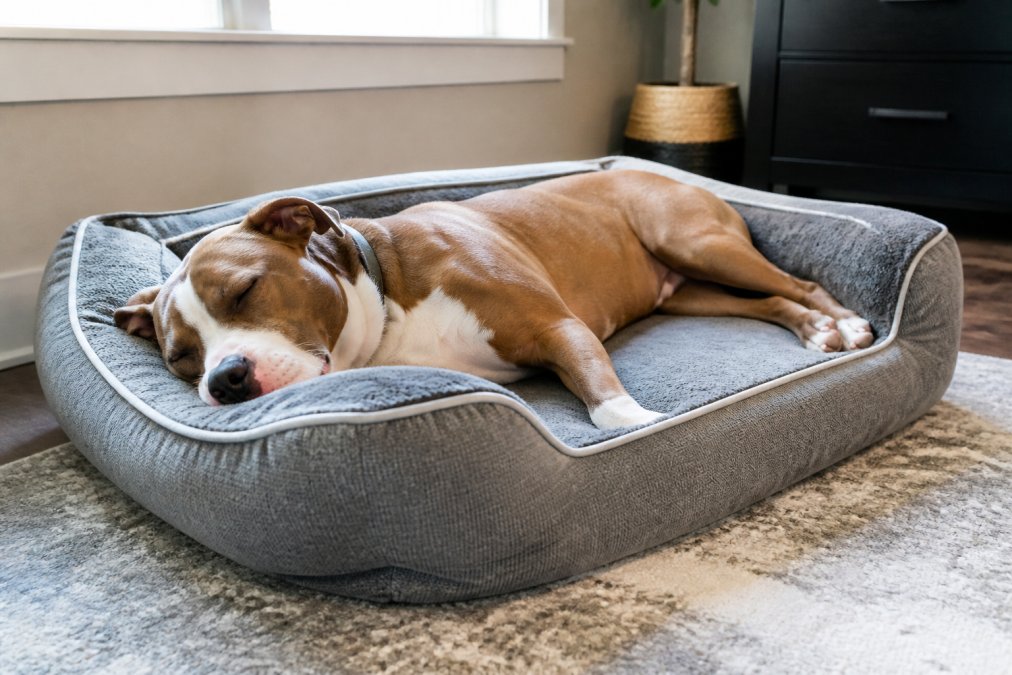 A dog resting peacefully on a high-quality orthopedic bed with reinforced seams visible along the edges, showing the sturdy construction and quality craftsmanship of premium materials under natural lighting