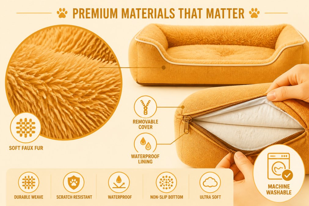 Close-up of premium pet bed fabric texture showing soft faux fur material with visible quality weave, with a removable cover being held to demonstrate the zipper and washability of the high-end construction