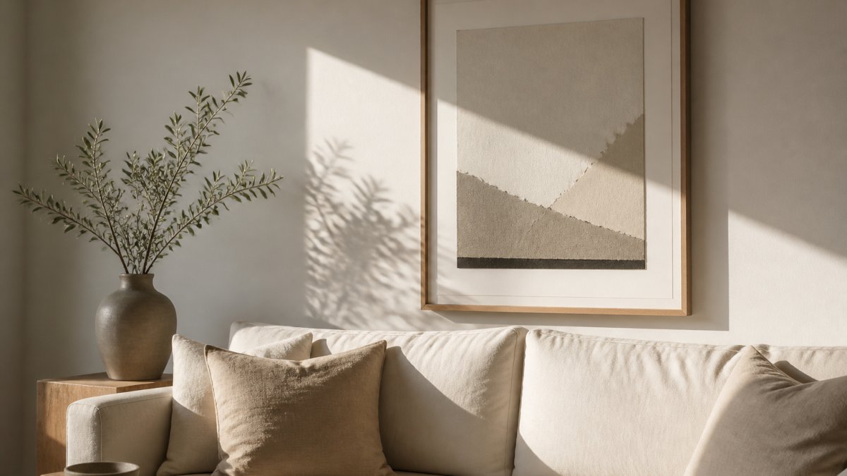 A minimalist living room with a large framed art print above a linen sofa, soft afternoon light raking across the frame and revealing the paper texture