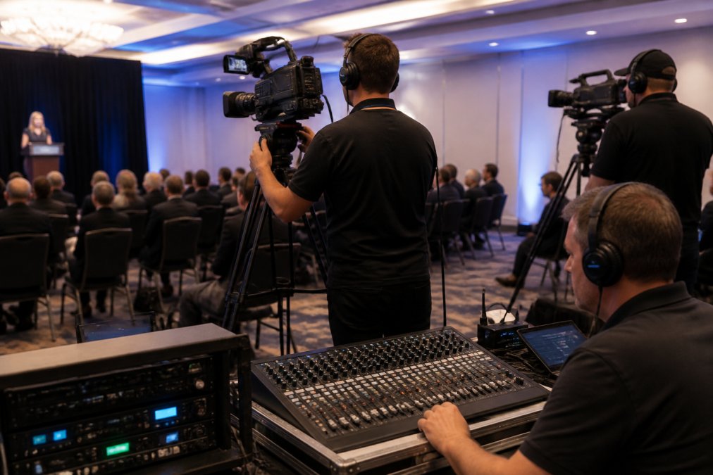 Professional production crew operating multi-camera equipment and live streaming setup in corporate event venue, with monitors displaying broadcast feeds and technical operators managing audio and video levels