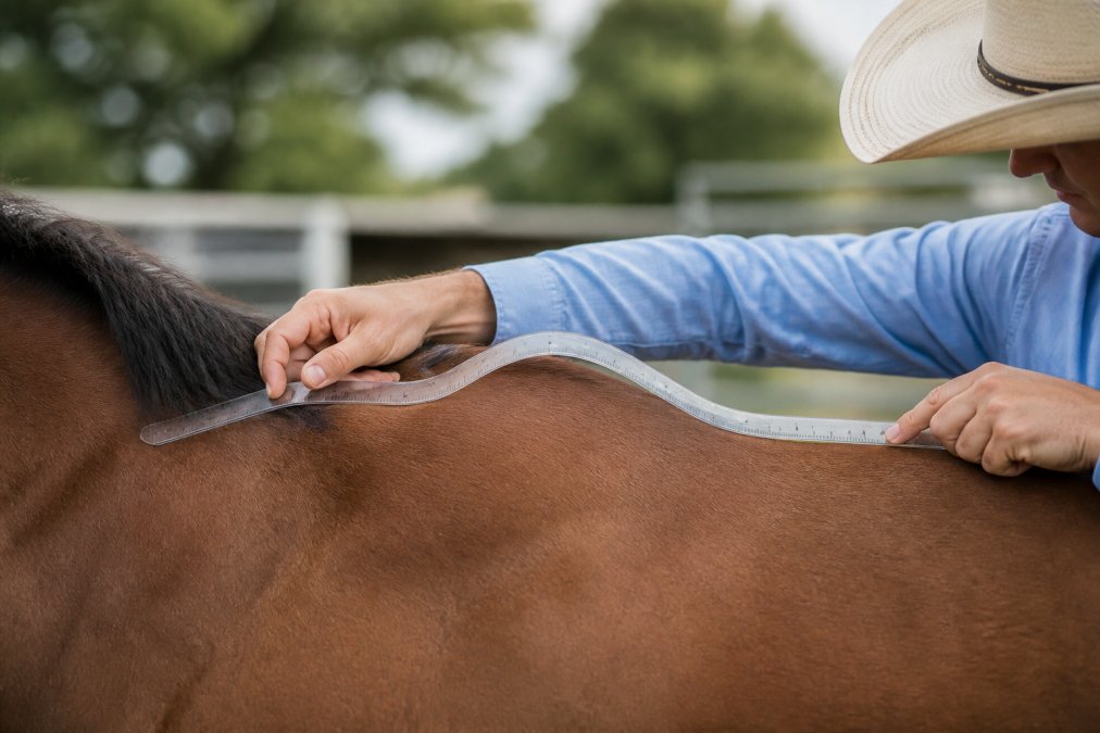 Close-up of hands using a flexible saddle fitting guide to measure a horse's withers and back contours, showing proper clearance at the gullet and spine channel with natural outdoor lighting