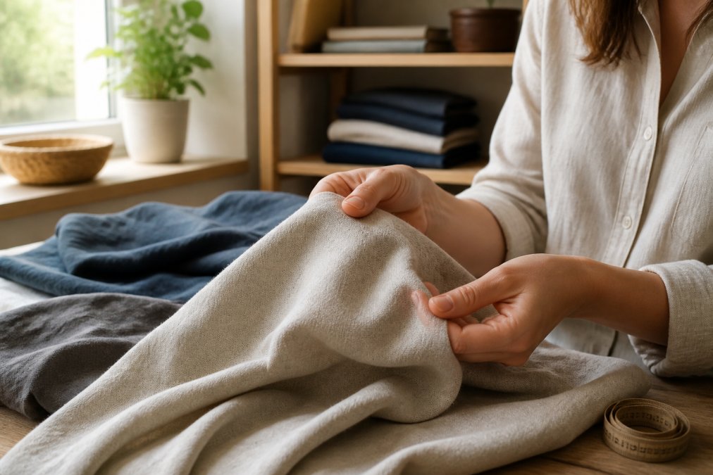 Close-up of hands examining premium linen-cotton fabric texture, feeling the weave and weight of the material against skin, natural daylight from window