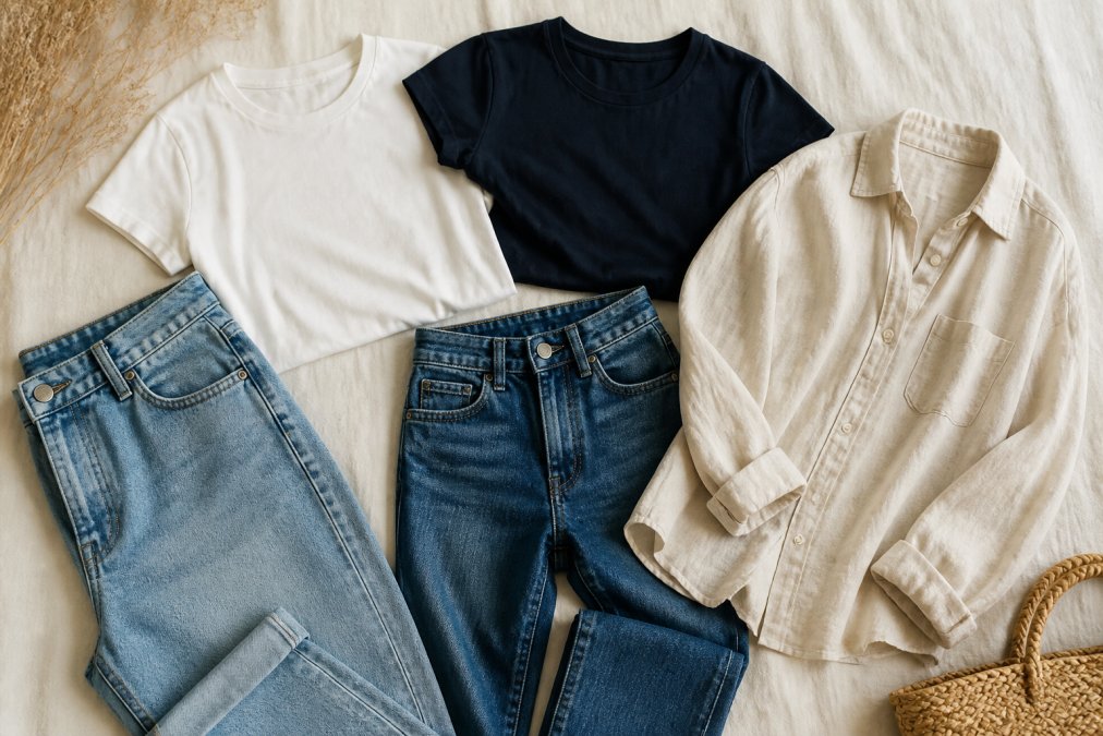 Flat-lay arrangement of coordinating neutral-toned casual wear pieces including cream and navy crew-neck tees, light-wash and medium-wash denim jeans, and cream linen shirt arranged to show how pieces mix and match together