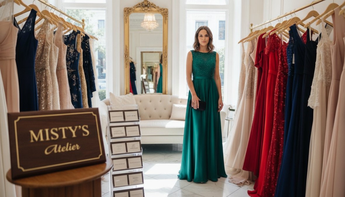 Woman wearing an elegant Zimmermann formal evening gown in luxurious fabric with intricate lace detailing, posed in a sophisticated setting with soft golden lighting