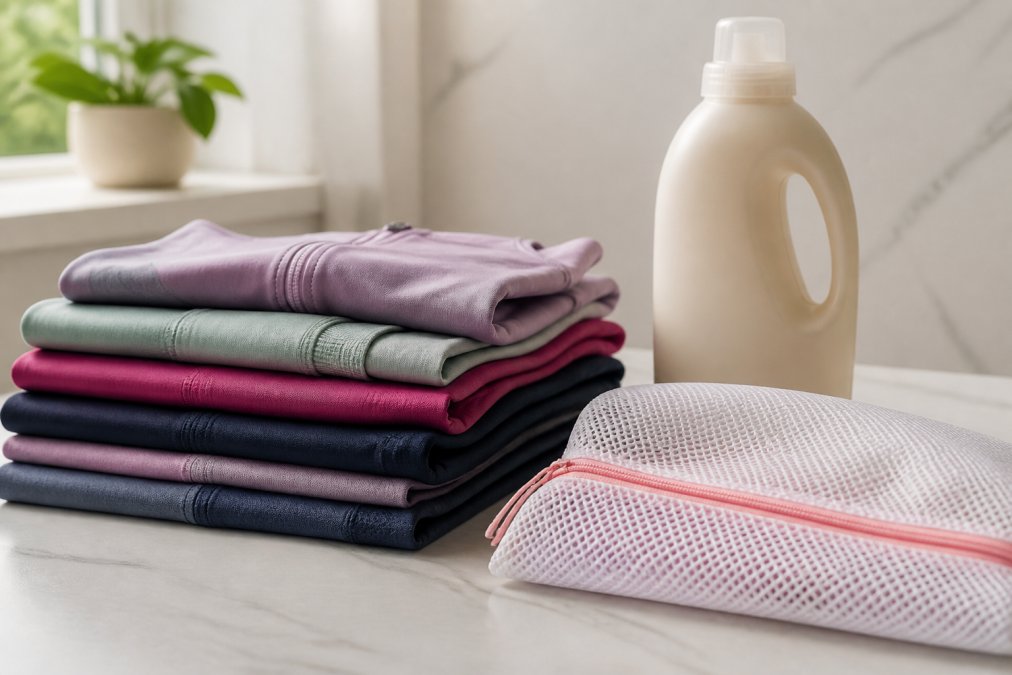 Neatly folded colourful activewear stacked on a white surface next to a bottle of gentle sports detergent and a mesh laundry bag, photographed in soft natural light