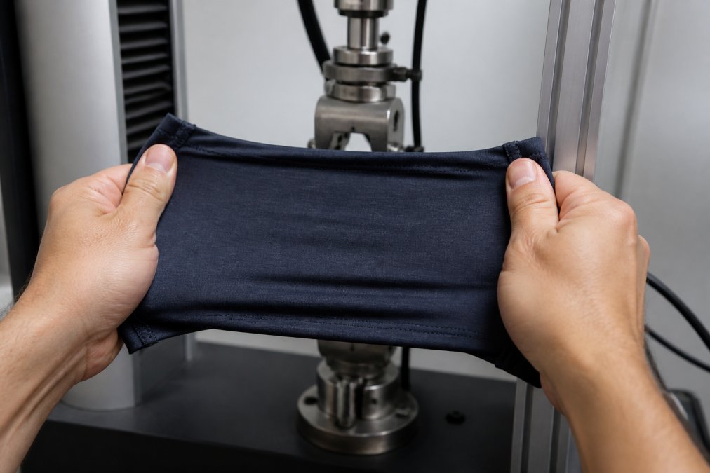 Close-up of a workout shirt being stretched and examined for fabric elasticity and seam integrity after multiple machine wash cycles, hands demonstrating the durability test