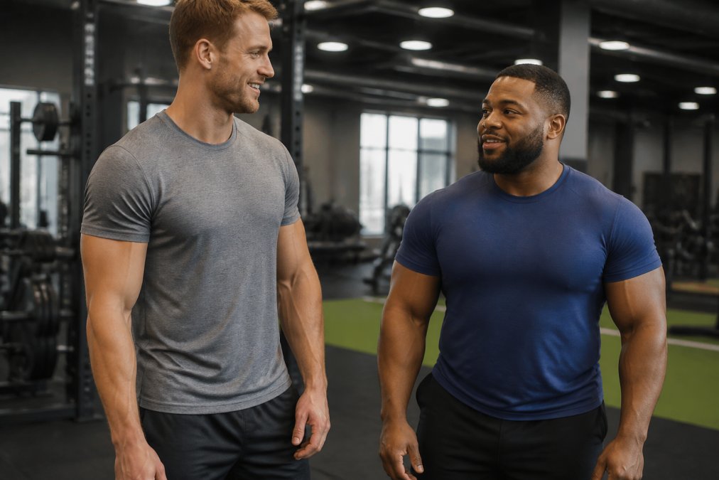 Two athletes of noticeably different builds wearing fitted workout shirts during gym training, demonstrating how quality construction and proper sizing adapt to different physiques