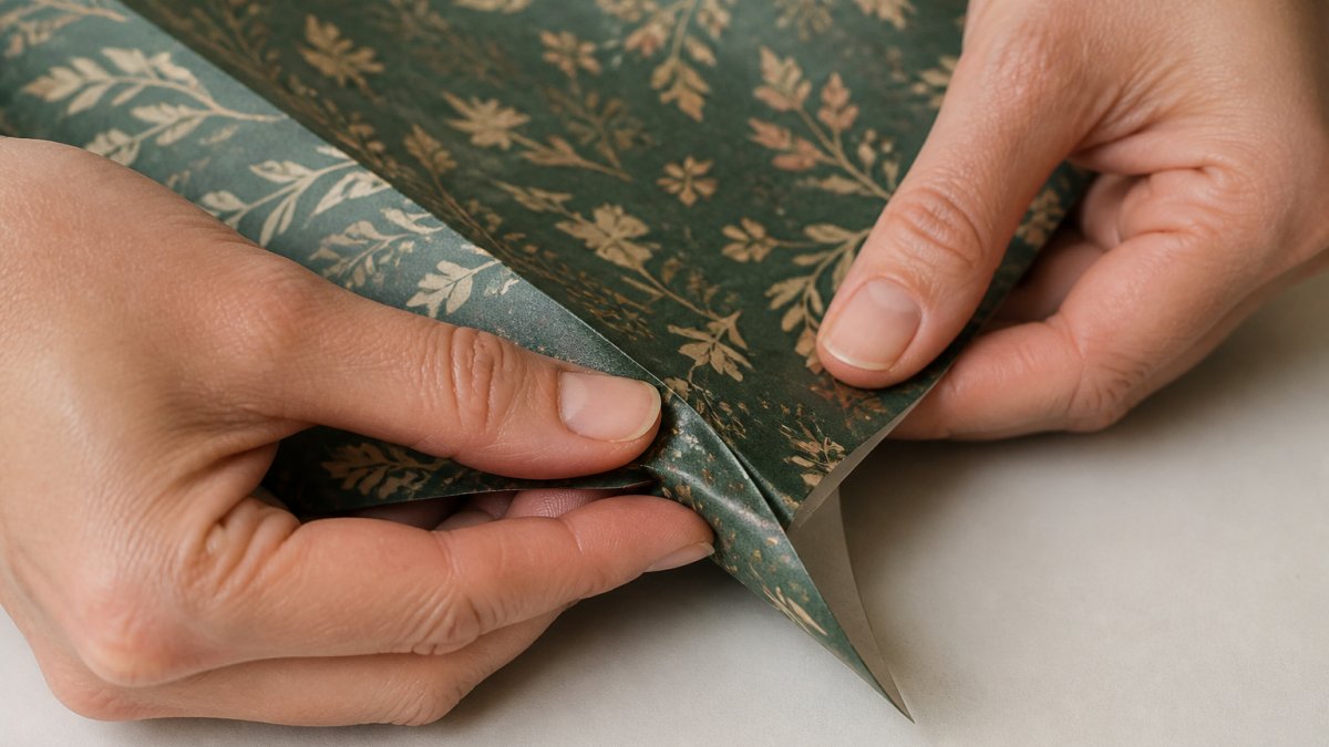Close-up of hands folding premium wrapping paper with visible crease detail, showing the smooth bend of thick 90 GSM stock against a neutral background