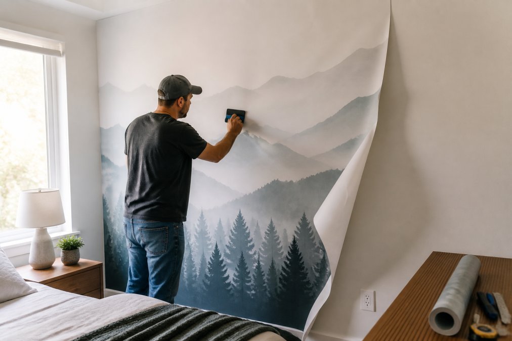 Person using a felt squeegee to smooth a peel and stick wall mural onto a bedroom wall